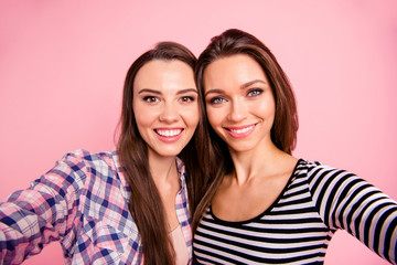 Wall Mural - Self-portrait of nice-looking attractive lovely sweet fascinating winsome magnificent cute charming cheerful cheery straight-haired girls isolated over pink pastel background