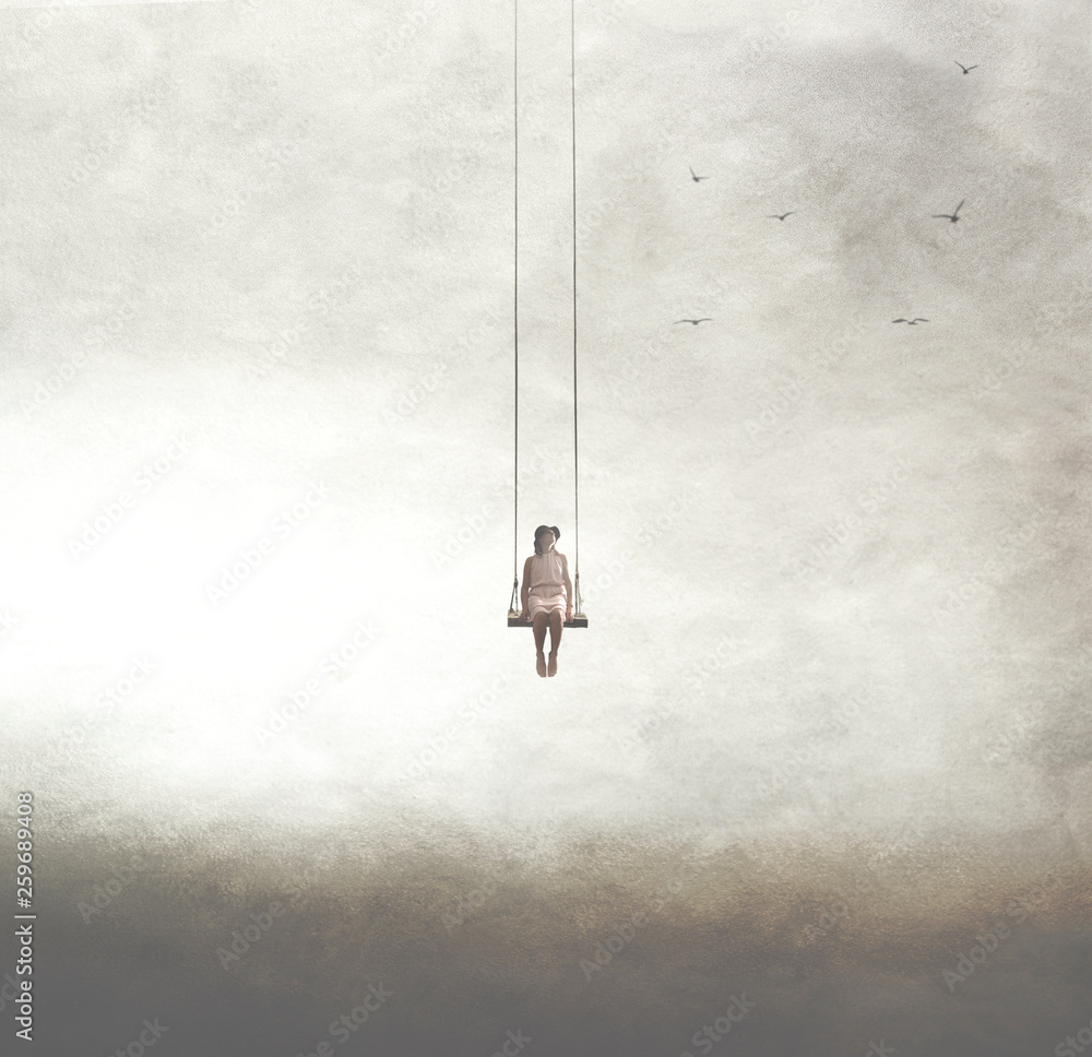 surreal image of a woman on a swing suspended in the sky - obrazy, fototapety, plakaty 