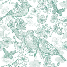 Japanese Cherry, Bird And Butterflies. Seamless Pattern. Green And White.