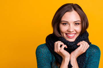 Sticker - Close up photo beautiful amazing her she lady hold hands arms soft warm scarf around neck overjoyed white teeth sweet kindhearted wear green knitted pullover jumper isolated yellow background