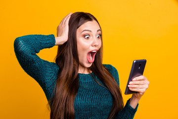 Sticker - Close up photo beautiful unbelievable her she lady hold arm hand telephone make take selfies observe check all pictures yell cool quality wear green knitted pullover jumper isolated yellow background