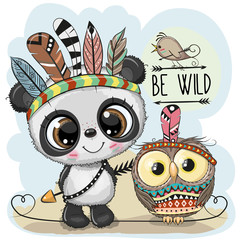 Cute tribal Panda and owl with feathers