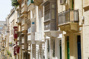 Traditional colourful balconies in the ancient city of Valletta, Malta