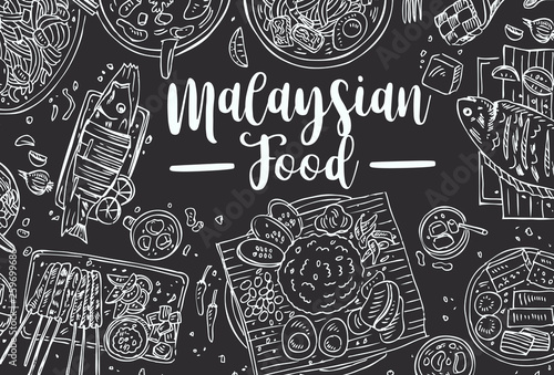 Fotomural Hand drawn Malaysian food on a blackboard, Top view Asian Food background, Vecto