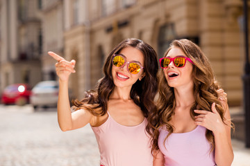 Sticker - Close up photo beautiful cheerful surprised lady students travel hairstyle hug embrace attention advertise ads advise recommend discounts information shops shopping specs pink clothes town center