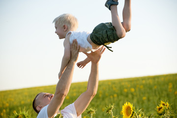 Wall Mural - Happy father throws up his little son on sunflowers field against the sky