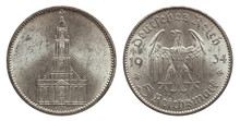 Five Mark Coin Silver Germany 1934, Front Garrison Church In Potsdam, Reverse Eagle