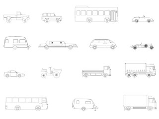 Wall Mural - Set with contours of cars. Buses, cars, limousine, trucks. Side view. Vector illustration