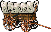 Wild West Style Wood Covered Wagon With Barrel, Shovel, Saw And Lantern. Hand-drawn Western Vector.