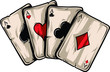 Four aces poker playing cards on white background. Carton hand-drawn vector illustration.