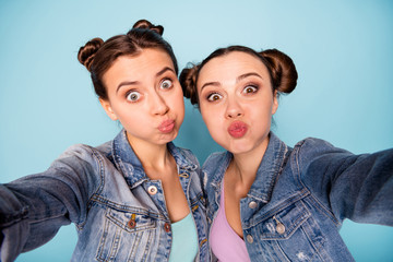 Canvas Print - Funny memories. Close up photo of cute nice crazy weird students person making photos fooling blowing careless wearing blue denim clothing isolated on pastel background