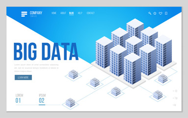 Wall Mural - Design website or landing page template. Minimal modern high technology concept for data center with server or hosting. Isometric vector illustration.