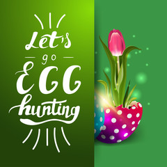 Let's go egg hunting, green postcard template with lettering and tulip growing from Easter egg