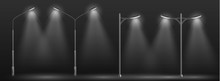Modern City Street Lights Row Working At Night 3d Realistic Vector. Urban Electrical Lightning System Double And Single Lampposts Glowing In Darkness, Illuminating Road Or Path In Dusk Illustration