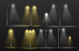 Fototapeta  - Various city street lights glowing in darkness yellow warm and cold white light 3d realistic vector set with old-fashioned, retro lampposts and modern electrical road lamps illustrations collection