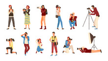 Professional Photographers Vector, Set Of People Holding Cameras. Pictures Made By Employees , Photographs By Cameraman. Man And Woman Experts Job