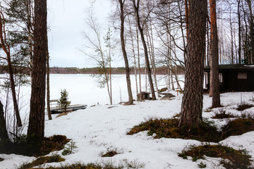 Wall Mural - Natural landscape - forest, lake are under snow in spring in March