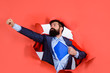 © Svitlana - Business growth. Business. Bearded man looking through paper. Through paper. Super businessmen in red cape showing blue shirt. Superhero. Superman Cape. Hero. Symbol S. Super power.