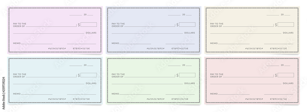 Bank cheques templates. Blank personal desk checks. - obrazy, fototapety, plakaty 