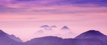 Skyscape View Of Cold Purple Mountains With Mist And Fog Close To Quetzaltenango
