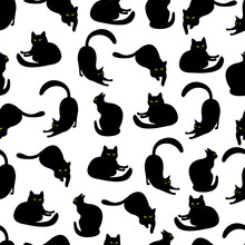 Black Cats With Green Eyes In Different Poses, Seamless Pattern. Isolated On White Background. Vector Black And White Texture With Animals. Cartoon Style Cats  Background.