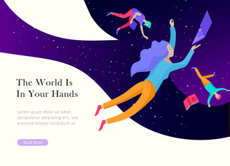 Wall Mural - landing page template. Inspired People flying. Create your own spase. Character moving and floating in dreams, imagination and freedom inspiration design work. Flat design style