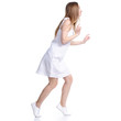 Woman in white dress sneaks sneak up on white background isolation