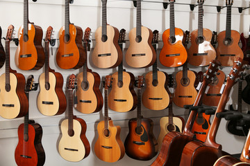 Wall Mural - Rows of different guitars in music store