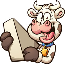 Happy Cartoon Cow Holding A Big Piece Of Cheese Clip Art. Vector Illustration With Simple Gradients. All In A Single Layer.