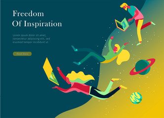 landing page template. Inspired People flying. Create your own spase. Character moving and floating in dreams, imagination and freedom inspiration design work. Flat design style