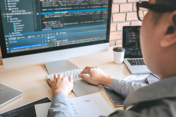 Wall Mural - professional developer programmer working a software website design and coding technology, writing c