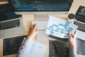 Wall Mural - professional developer programmer working a software website design and coding technology, writing c
