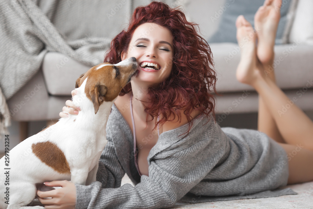 Young woman playing with her pet. Female and her dog indoor. An owner and his pet at home having fun. Woman training jack russel terrier to execute commands. - obrazy, fototapety, plakaty 