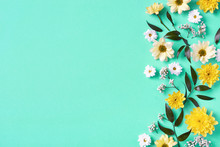 Beautiful Yellow And White Flowers Composition On Blue Background