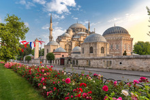 Sehzade Mosque Or The Prince Mosque On Sunset With Flowers In Istanbul