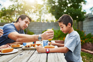 Wall Mural - father putting mustard on sons hot dog at family picnic