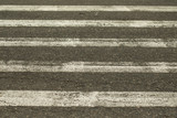 Fototapeta Dmuchawce - Closeup of white and black pedestrian crosswalk on the road in the city center. Safety and take care concept.