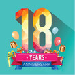 18 Years Anniversary Celebration Design, with gift box and balloons, red ribbon, Colorful polygonal logotype, Vector template elements for your birthday party.