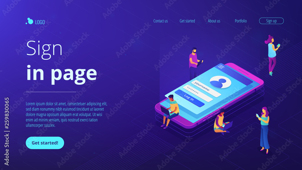 Human Using Mobile App Sign In Users with laptops, tablets and smartphone with sign in page log in ...