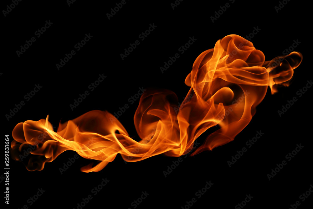 movement of fire flames isolated on black background. - obrazy, fototapety, plakaty 
