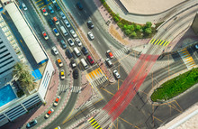 Cars In City Intersection, Aerial View. Dubai