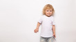 © yana136 - banner child playing with toy airplane against on a white background. concept dreams of flight