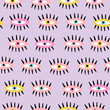 Hand drawn eyes and lashes. Abstract contemporary seamless pattern. Modern trendy vector illustration. Purple background. Perfect for textile prints