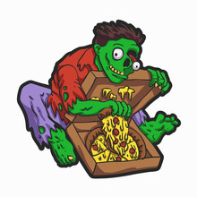 Green Zombie Eating Pizza - Vector Illustration