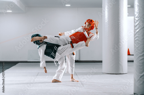 Fototapety Taekwondo  dwoch-chlopcow-rasy-kaukaskiej-w-przystawkach-taekwondo-kopiacych-i-walczacych-na-treningu