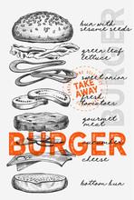 Burger Illustration For Food Restaurant And Truck On Vintage Background. 