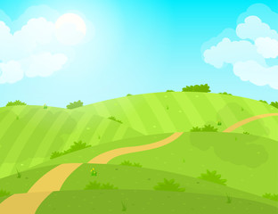 Sticker - Cartoon Summer Green Field and Road. Vector