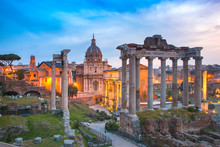 Ancient Ruins Of Roman Forum At Sunrise, Rome, Italy