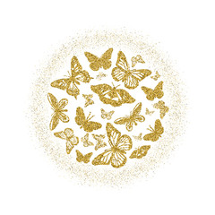 Round of golden glitter butterflies. Beautiful summer yellow gold silhouettes with glow on white background. For wedding invitation, fashion, decorative abstract design elements. Vector illustration.