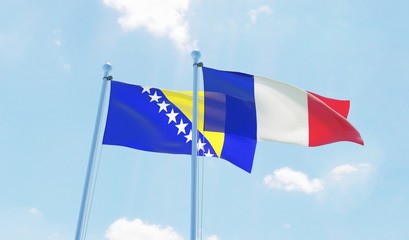 France and Bosnia and Hercegovina, two flags waving against blue sky. 3d image